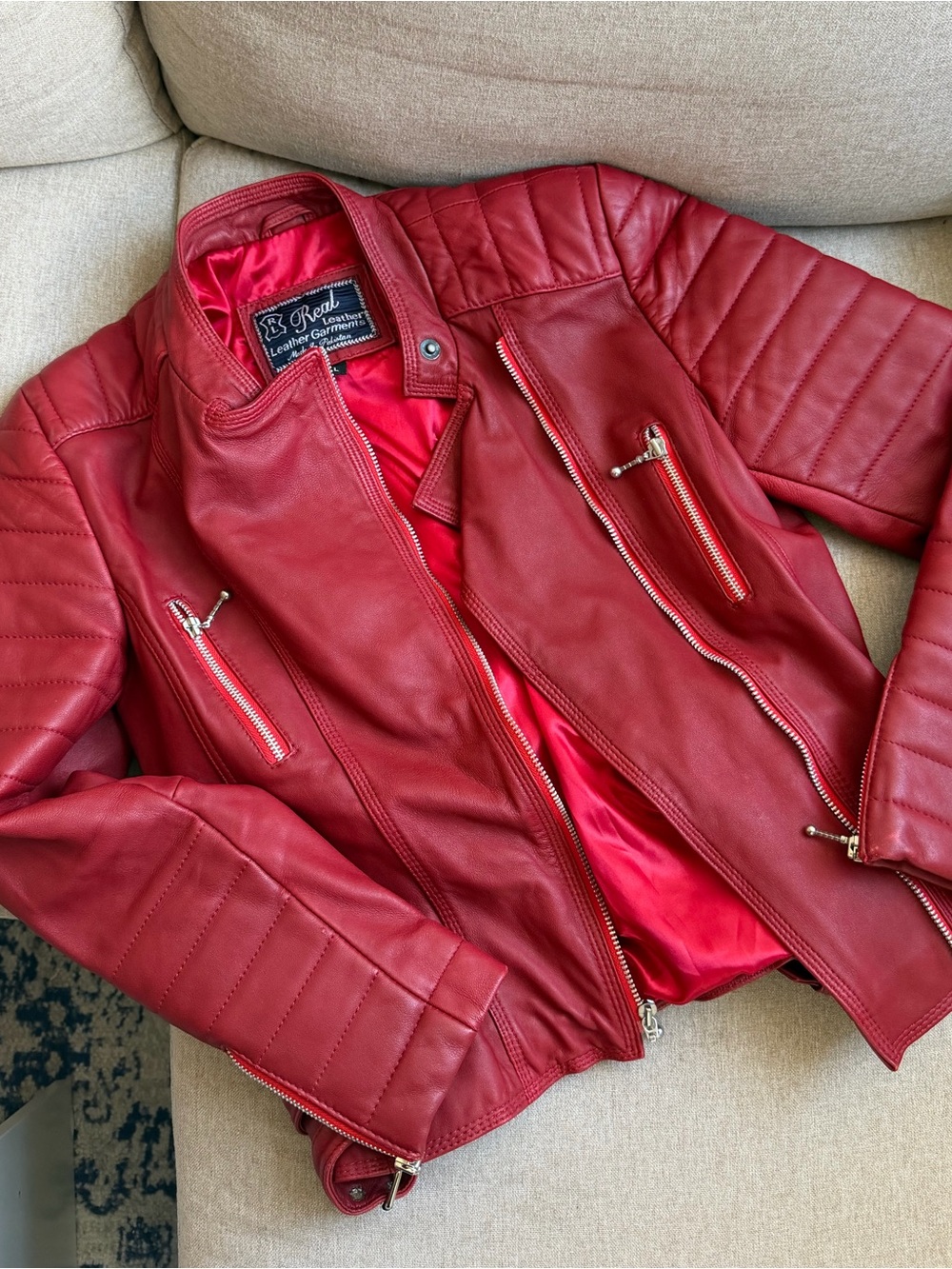 Red Women's Quilted Moto Leather Biker Jacket